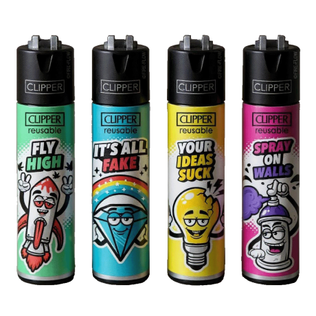 Zapalovač Clipper Snappy Slogan s vtipnými texty. Sběratelský design, plnitelný plyn a vyměnitelný kamínek.