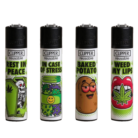 Zapalovač Clipper Weed Slogan s vtipnými nápisy. Sběratelský design, plnitelný plyn a vyměnitelný kamínek.