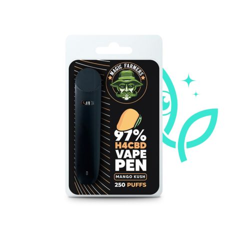 
H4CBD 97% Mango Kush disposable vape v kompaktním jednorázovém provedení zachycený na detailním produktovém snímku
