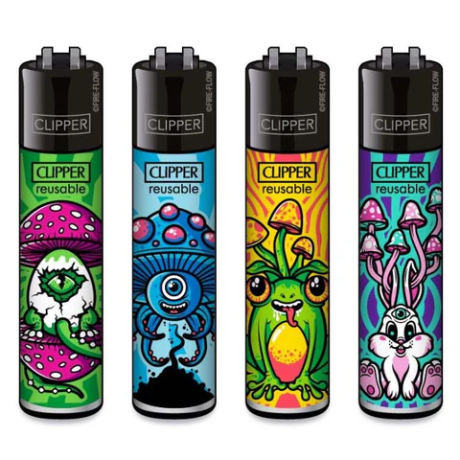 Zapalovač Clipper Shrooms s motivem hub. Sběratelský design, plnitelný plyn a vyměnitelný kamínek.